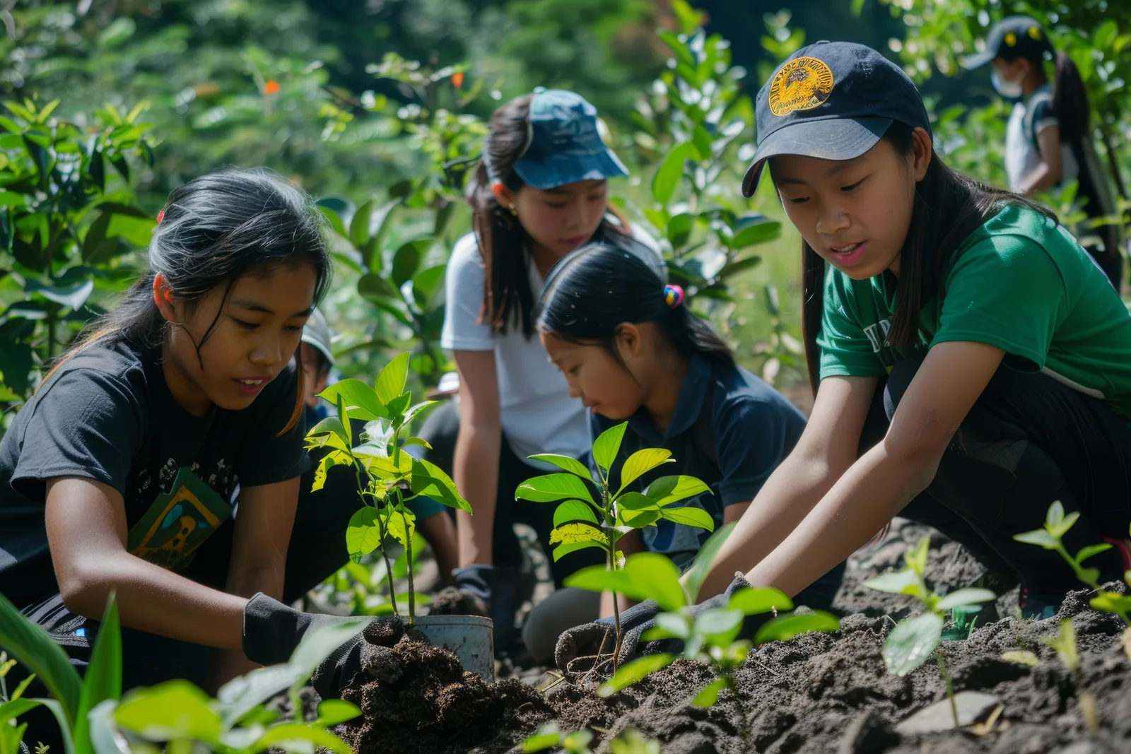 Young GreenBridge volunteers planting seedlings